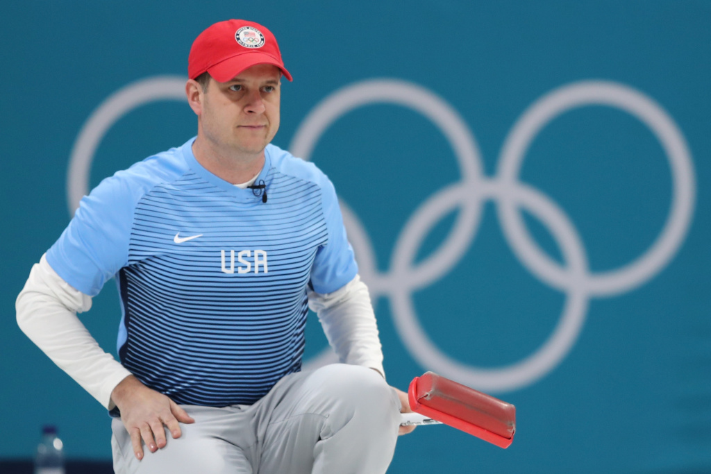 Curling - Winter Olympics Day 15 GANGNEUNG, SOUTH KOREA - FEBRUARY 24: John Shuster of the United States delivers a stone during the game against Sweden during the Curling Men's Gold Medal game on day fifteen of the PyeongChang 2018 Winter Olympic Games at Gangneung Curling Centre on February 24, 2018 in Gangneung, South Korea. (Photo by Richard Heathcote/Getty Images)