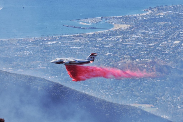 A DC-10 air tanker makes a drop in the foothill above Santa Barbara-Montecito on Thursday, Oct. 29, 2015.