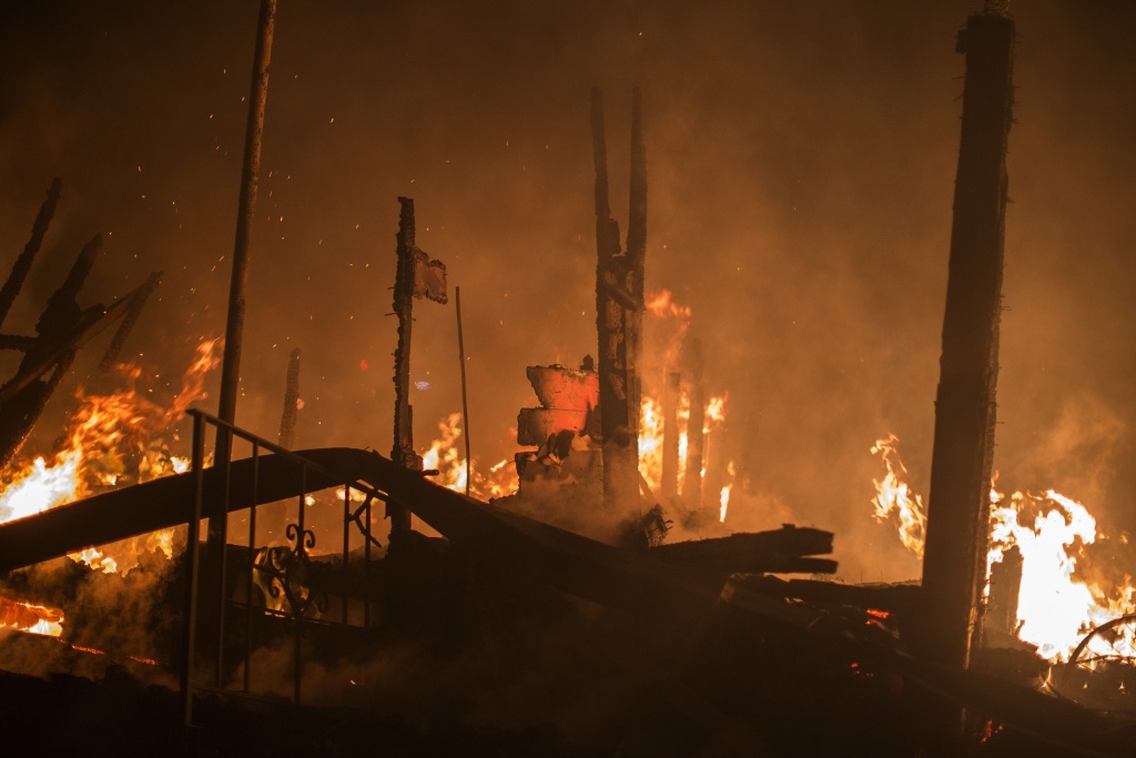 Multiple Wildfires Continue To Ravage Through California Wine Country A structure burns in the early morning hours on October 14, 2017 in Sonoma, California.