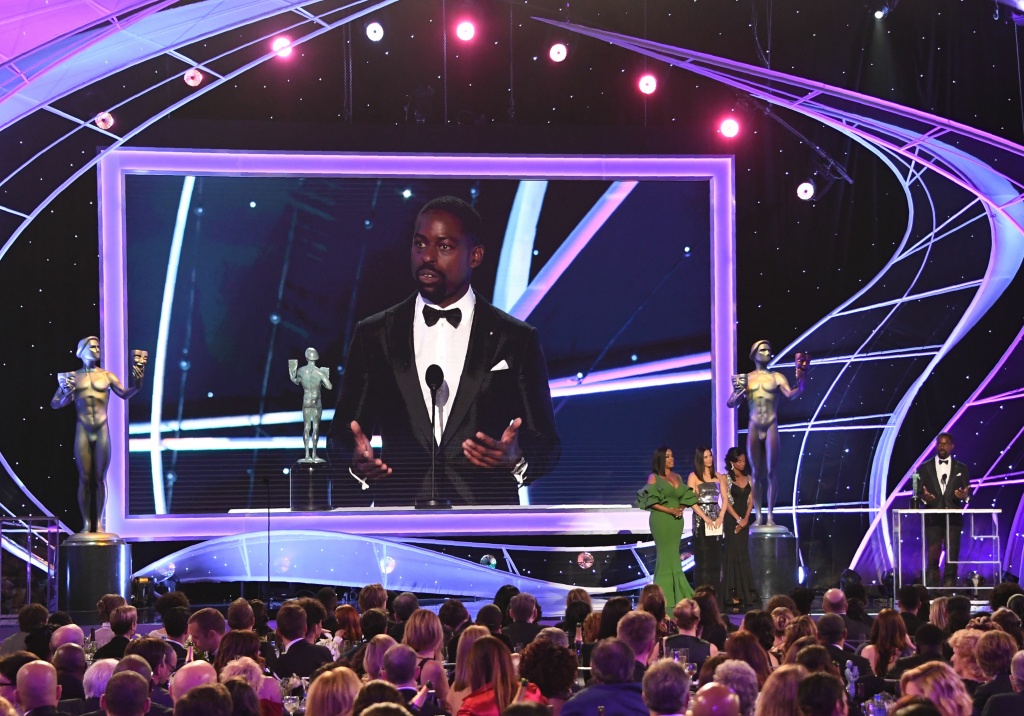 US-ENTERTAINMENT-SAG-FILM-AWARDS-SHOW Sterling K. Brown accepts the Outstanding Performance by a Male Actor in a Drama Series award for 'This Is Us' onstage during the 24th Annual Screen Actors Guild Awards show at The Shrine Auditorium on January 21, 2018 in Los Angeles, California.