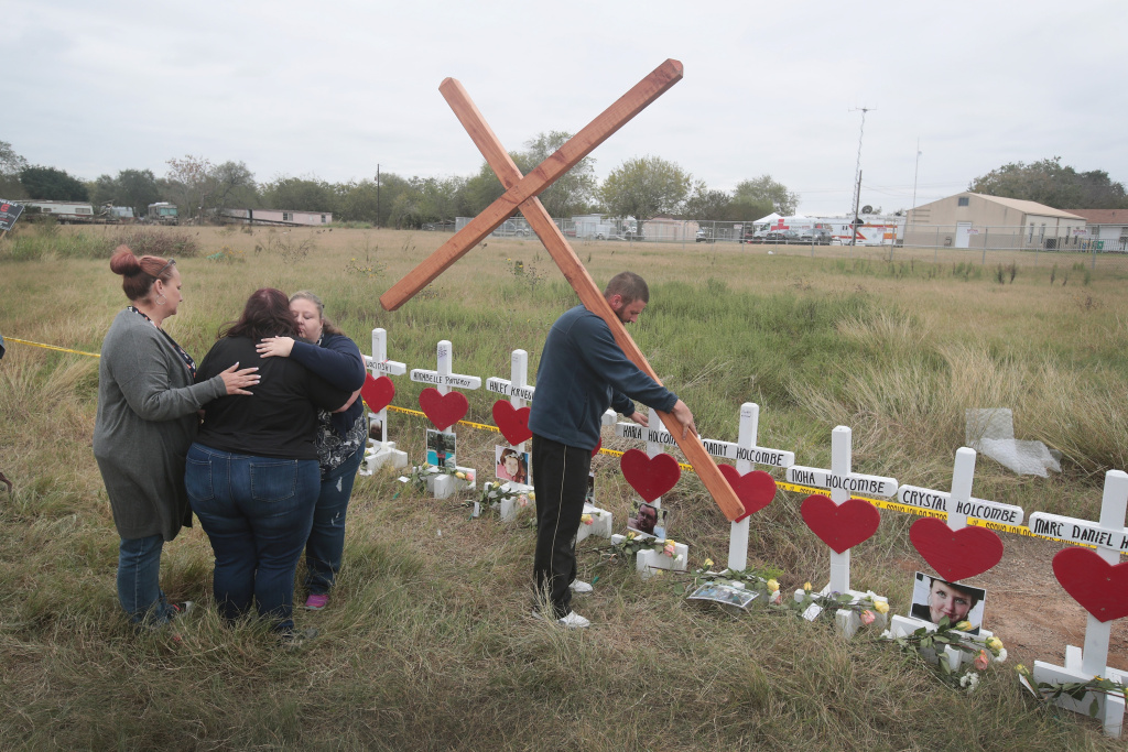 26 People Killed And 20 Injured After Mass Shooting At Texas Church Charlene Uhl is comforted while viewing a memorial for the 26 people killed by a gunman at the First Baptist Church of Sutherland Springs on November 5, 2017 in Texas.