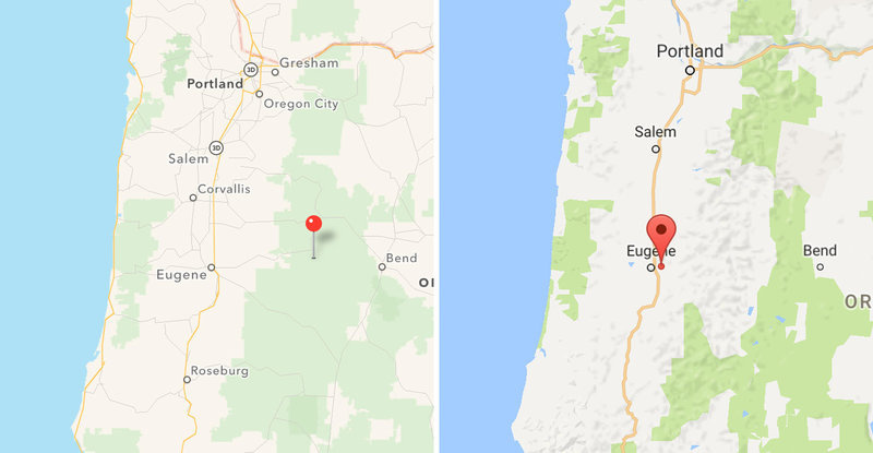 willamette_custom-bdd00167956e4b41e319a1d7b1e5c68133f55002-s800-c85.jpg Apple (left) and Google screenshots of the Willamette National Forest. The pins in each image indicate where each app says the forest is located, when searched.
Apple & Google/Screenshots by NPR
