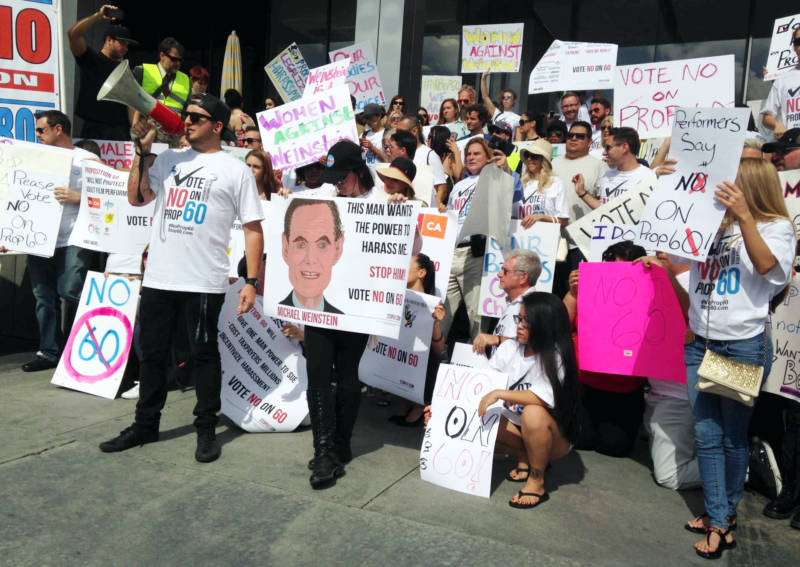 Prop60Protesters-800x567.jpg Adult film performers rally against Proposition 60 outside Michael Weinstein’s office.