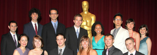 Student filmmakers Kim Spurlock, Jennifer Bors, Lubomir Kocka, Emily Henricks, Isaiah Powers, Tanel Toom (back row from left) Andrew Salaff, Luke Matheny, Kevin Gordon, Jeremy Casper, Rebekah Meredith, Varathit Uthaisri, Maria Royo and Ruth Fertig are honored during the 37th annual Student Academy Awards ceremony at the Academy of Motion Picture Arts and Sciences on June 12, 2010 in Beverly Hills, California.