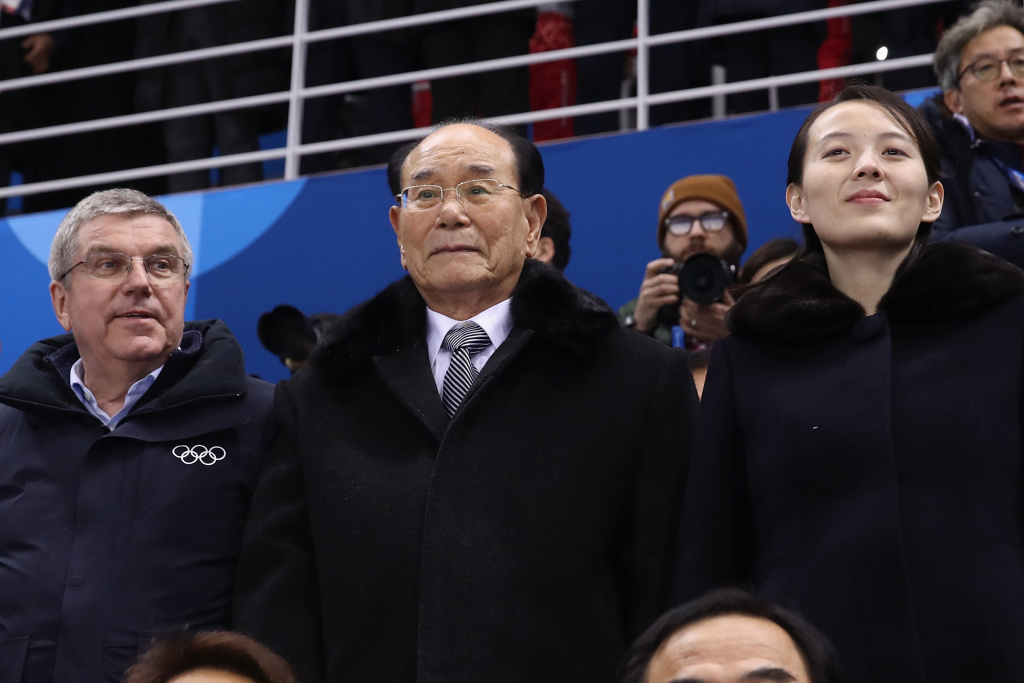 Ice Hockey - Winter Olympics Day 1 IOC President Thomas Bach, North Korean ceremonial head of state Kim Yong Nam and Kim Yo-jong, sister of North Korean leader Kim Jong-un, attend the Women's Ice Hockey game between Switzerland and Korea on day one of the PyeongChang 2018 Winter Olympic Games on February 10, 2018.