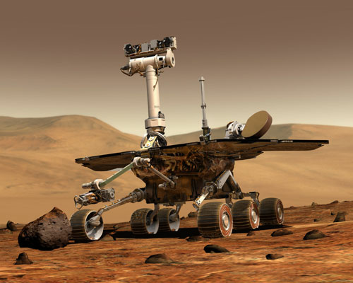 Spirit Rover on Mars An artist's concept portrays a NASA Mars Exploration Rover on the surface of Mars. Two rovers have been built for 2003 launches and January 2004 arrival at two sites on Mars. Each rover has the mobility and toolkit to function as a robotic geologist.