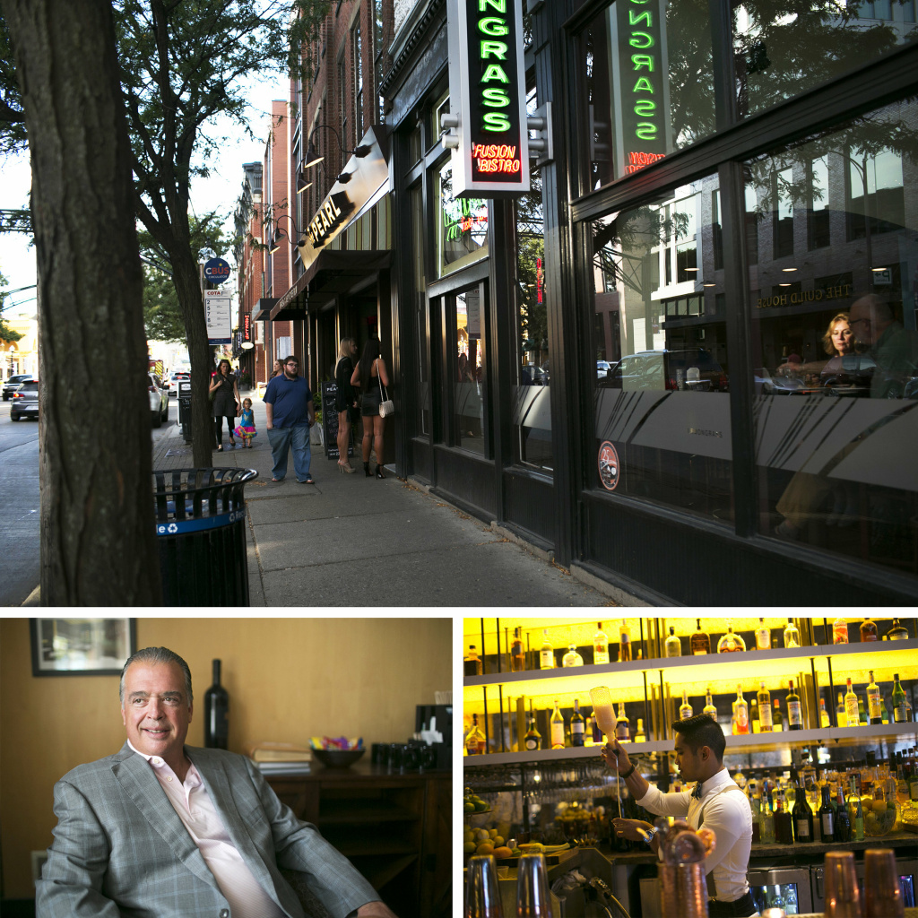 (Top) People walk by The Pearl, a restaurant owned by Cameron Mitchell, in the Short North neighborhood. (Left) Cameron Mitchell owns several restaurants in Columbus. (Right) A bartender prepares a drink at Mitchell's restaurant, The Guild House. (Top) People walk by The Pearl, a restaurant owned by Cameron Mitchell, in the Short North neighborhood. (Left) Cameron Mitchell owns several restaurants in Columbus. (Right) A bartender prepares a drink at Mitchell's restaurant, The Guild House.