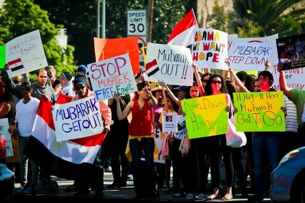 An Egypt solidarity rally, partly organized on Facebook, outside the federal building in West Los Angeles Saturday, January 29, 2011