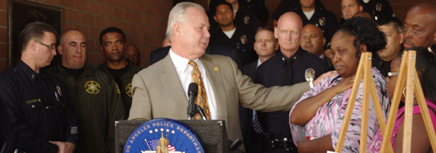 Councilman Tom LaBonge at a press conference where LAPD announced arrests of multiple suspects in shooting death of 22-year-old Lorenzo Smith.
