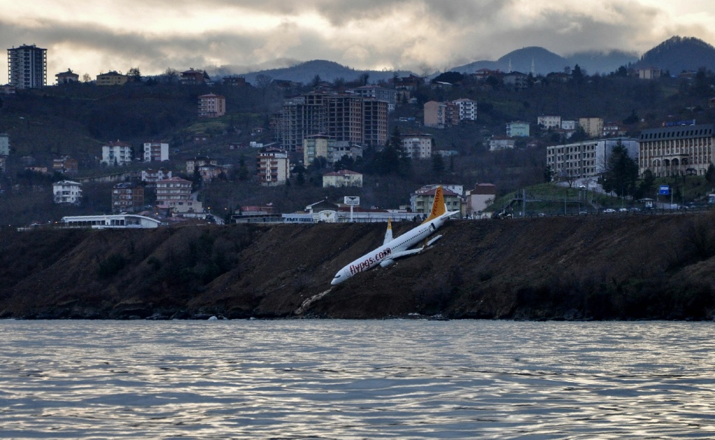 TURKEY-PLANE-ACCIDENT A Pegasus Airlines Boeing 737 passenger plane is seen struck in mud on an embankment, after skidding off the airstrip while landing at Trabzon Airport in Turkey on January 13, 2018.