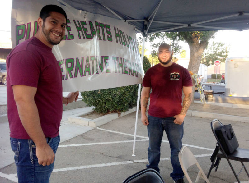 Purplehearts-800x589.jpg Andrew Chavez and Luis Valencia came to the Huron farmers market to try and get locals on board with medical cannabis.