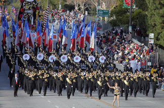 Members of the Conroe High School Marching Band from Conroe Texas, move along Colorado Blvd. during the 121st Rose Parade in Pasadena.