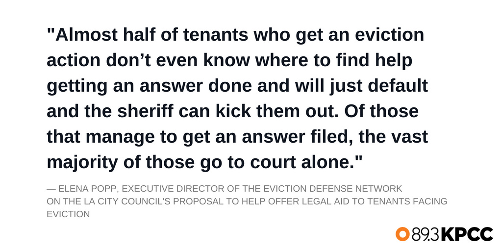 Eviction counsels Elena Popp, executive director of the eviction defense network on the L.A. City council's proposal to help offer legal and to tenants facing eviction.