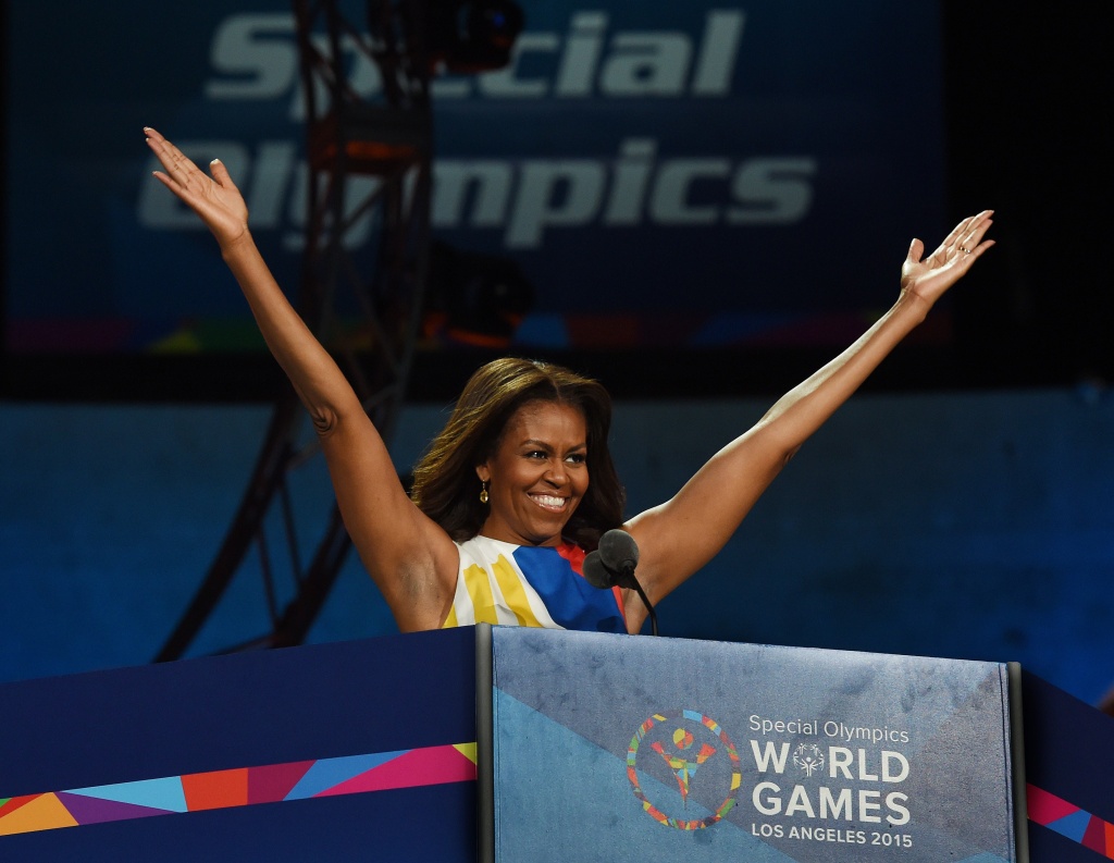 US-SPECIAL OLYMPICS-OPENING CEREMONY US First Lady Michelle Obama declares the 2015 Special Olympics World Games open July 25, 2015 at the Los Angeles Memorial Coliseum in Los Angeles, California. The world's largest sports organization for children and adults with intellectual disabilities, the Special Olympics will be the single largest event in Los Angeles since the 1984 Olympics, with more that 7,000 athletes from 165 countries participating. AFP PHOTO/MARK RALSTON (Photo credit should read MARK RALSTON/AFP/Getty Images)