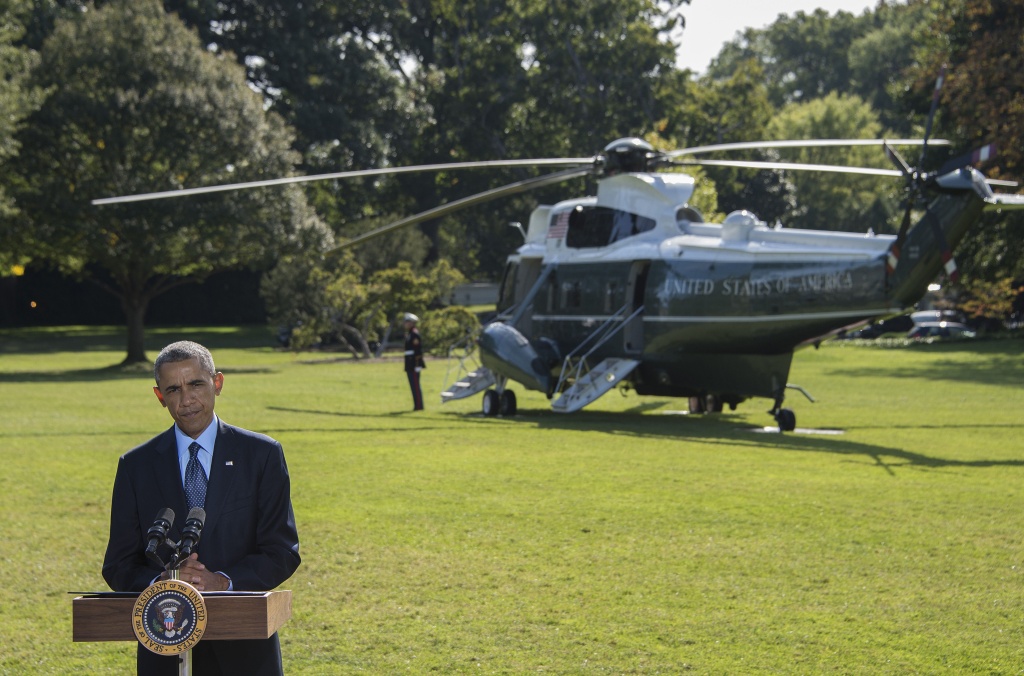 US-SYRIA-IRAQ-CONFLICT-OBAMA President Barack Obama delivers a statement on the first US bombing of the so-called Islamic State group and Al-Qaeda at the White House in Washington, DC, September 23, 2014.