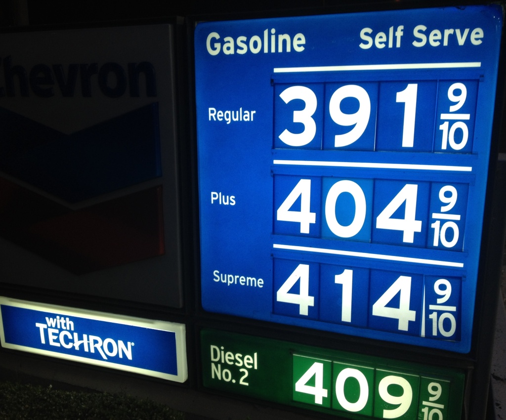 Gasoline prices in Southern California continue dropping. The average price for a gallon of self-serve regular in L.A. county Friday is $3.89. In Orange, Riverside and San Bernardino counties the average price has fallen to $3.86 for regular. (Photo: Gas prices Friday, May 3, 2013 at a Newport Beach, Calif. Chevron station).