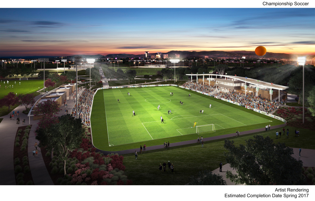 Artist rendering of the championship soccer field in progress at Orange County's Great Park. Artist rendering of the championship soccer field in progress at Orange County's Great Park.