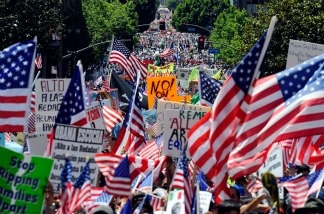 Thousands of demonstrators march during a May Day immigration rally on May 1, 2010, in Los Angeles.
