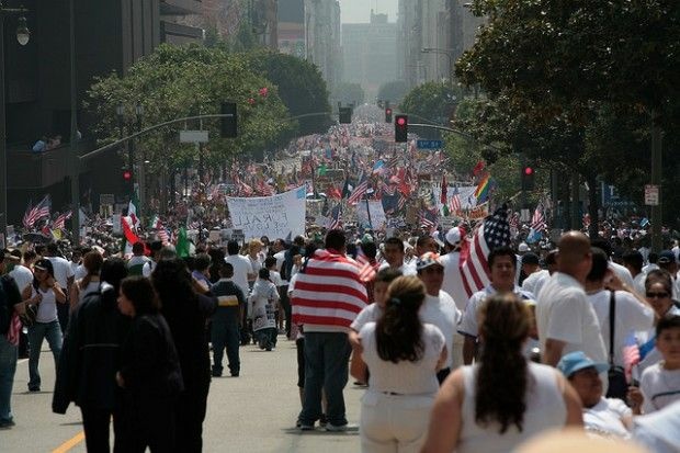 Marchers in downtown Los Angeles rallying for immigration reforms on May 1, 2006