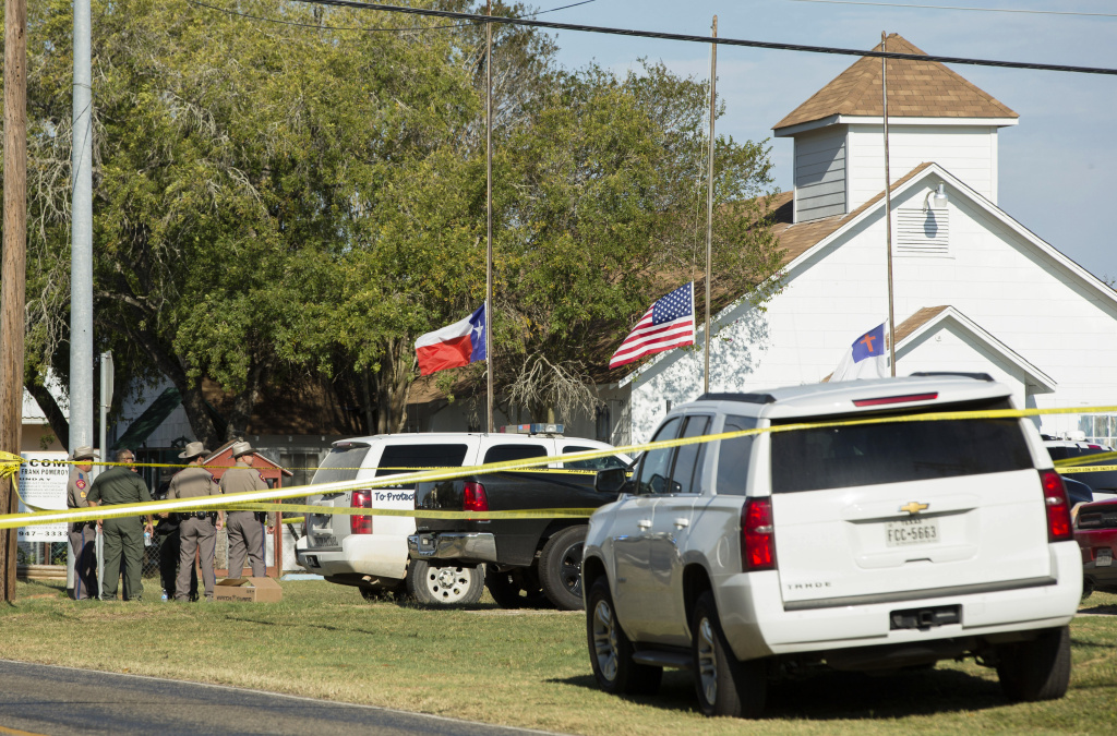At Least 20 People Killed 24 Injured After Mass Shooting At Texas Church Law enforcement officials gather near the First Baptist Church following a shooting on November 5, 2017 in Sutherland Springs, Texas.