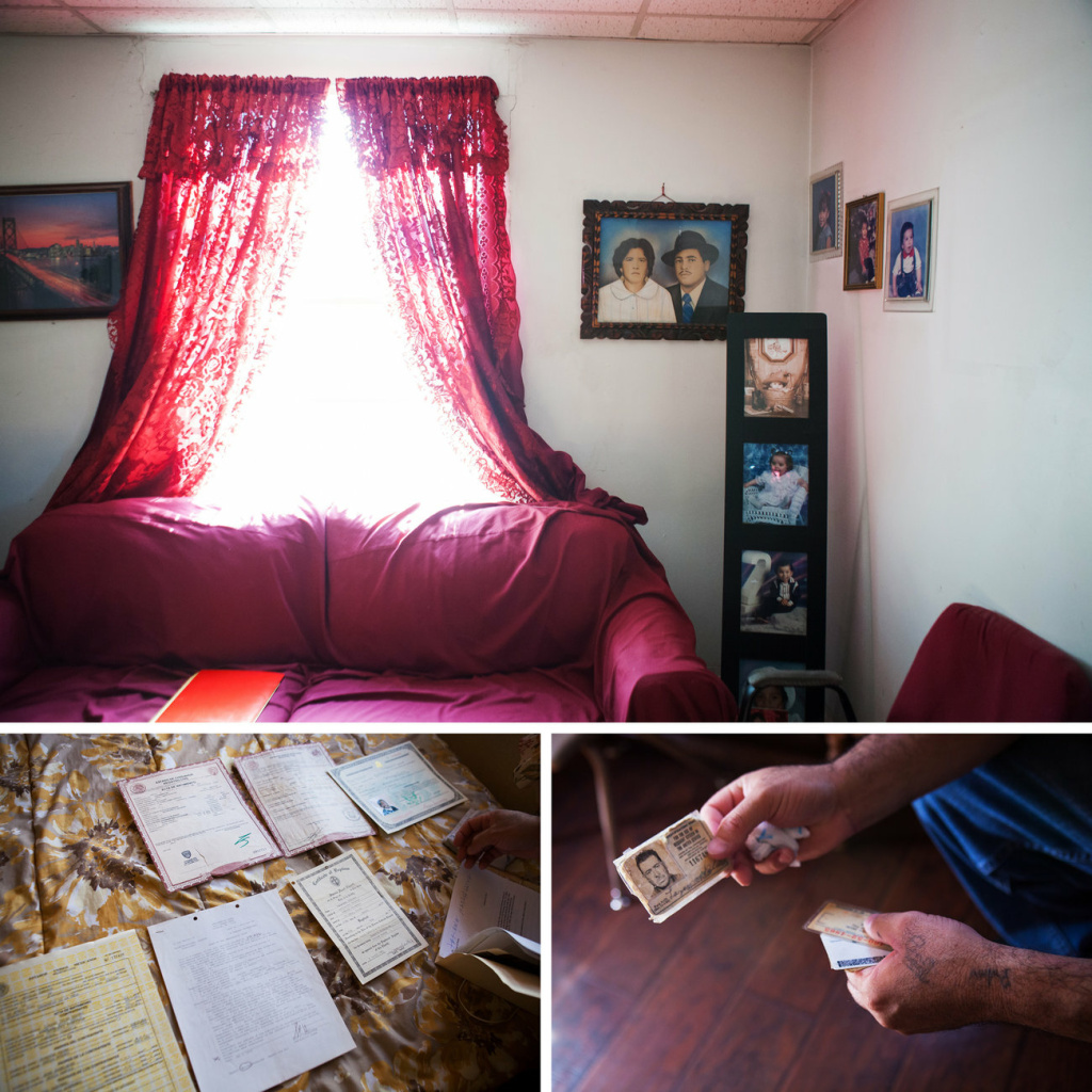 (Top) The living room of the Palma household in El Paso is adorned with family photographs. (Left) Documents that helped prove Palma's U.S. citizenship are laid out. (Right) Palma displays his grandfather's U.S.-issued identification card. (Top) The living room of the Palma household in El Paso is adorned with family photographs. (Left) Documents that helped prove Palma's U.S. citizenship are laid out. (Right) Palma displays his grandfather's U.S.-issued identification card.