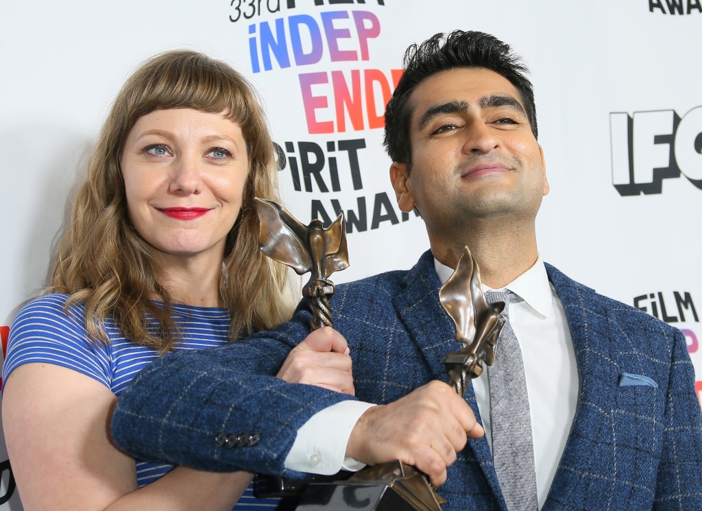 US-ENTERTAINMENT-FILM-SPIRIT-PRESSROOM Emily V. Gordon and Kumail Nanjiani pose with their Best First Screenplay award for