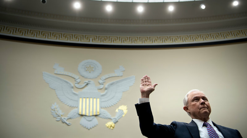 gettyimages-874116494sessions_wide-3f51d37d87c7c7b0f9644d0e8b4862bfcded0354-s800-c85.jpg Attorney General Jeff Sessions is worn in before testyfying at a House Judiciary Committee hearing on November 14, 2017, in Washington, D.C.