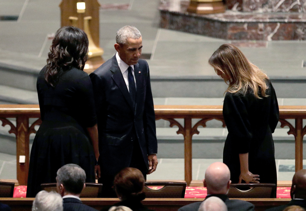 Mourners, Including Former Presidents, Attend Funeral For Barbara Bush Former President Barack Obama and former first lady Michelle Obama greet first lady Melania Trump at St. Martin's Episcopal Church for a funeral service for former first lady Barbara Bush on April 21, 2018 in Houston, Texas.