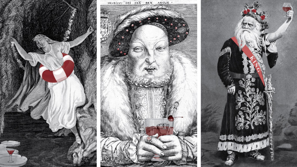 A trio of illustrations from the cocktail book Shakespeare, Not Stirred: Ophelia, King Henry VIII and King Lear. A trio of illustrations from the cocktail book <em>Shakespeare, Not Stirred</em>: Ophelia, King Henry VIII and King Lear.