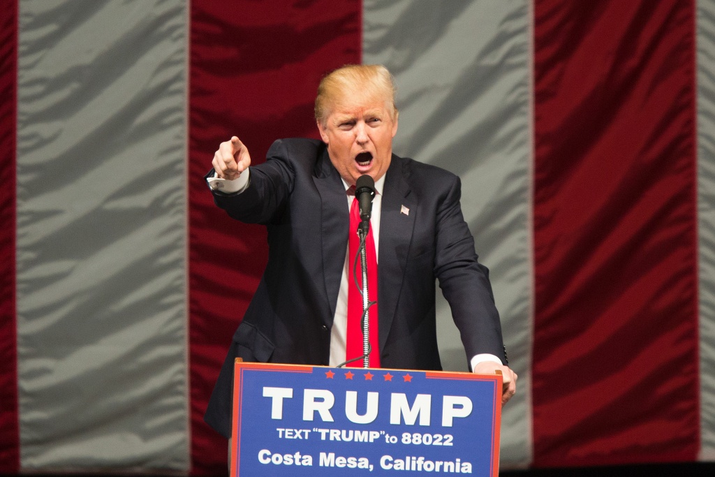 US-VOTE-REPUBLICANS-TRUMP Republican presidential candidate Donald Trump speaks during a campaign rally at the Orange County Fair and Event Center, April 28, 2016, in Costa Mesa, California.