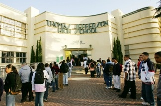 Mercer 20806 Students line up to pass through a security check point in the aftermath of two apparent racially motivated student brawls at Thomas Jefferson High School April 21, 2005 in Los Angeles, California.