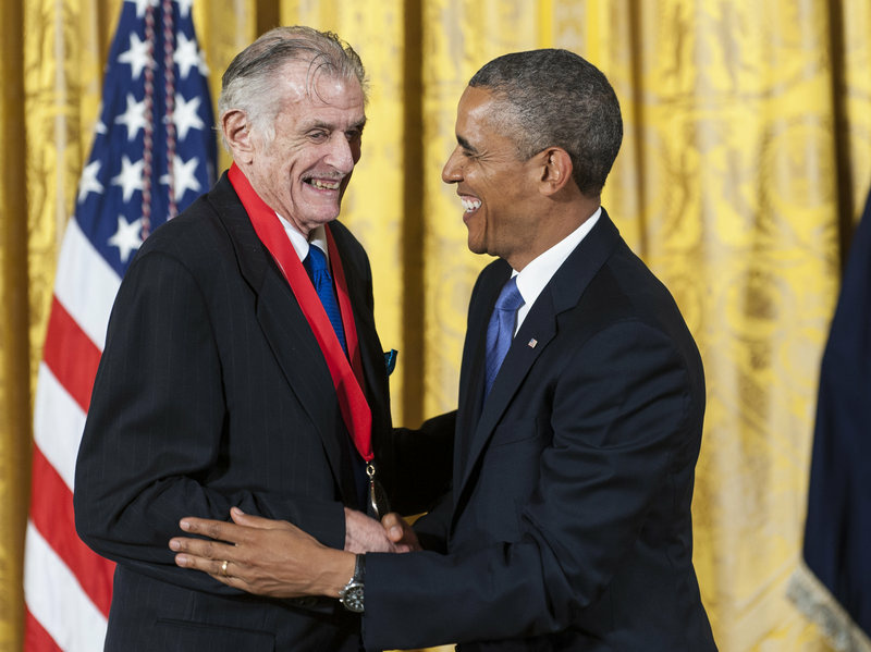 President Obama presents the National Humanities Medal to Frank Deford at the White House in 2013.