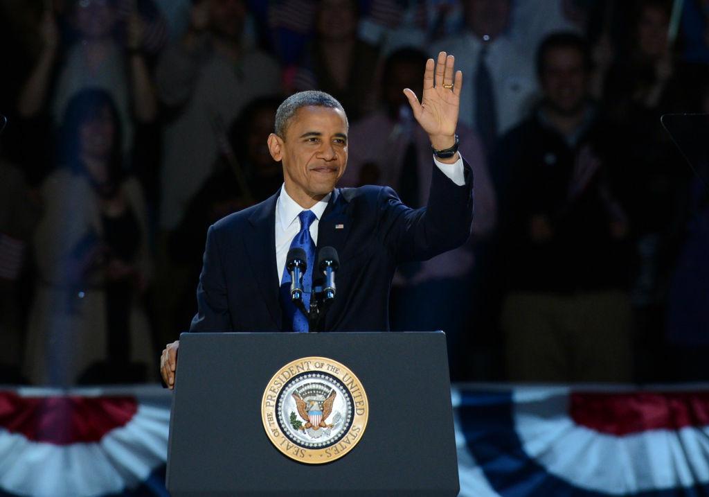 US-VOTE-2012-ELECTION-OBAMA President Barack Obama arrives greets supporters after winning the 2012 US presidential election November 7, 2012 in Chicago, Illinois.