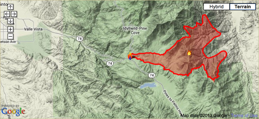Mountain Fire A map updated by fire officials Wednesday shows the extent of the land burned in the Mountain Fire near Idyllwild, Calif.