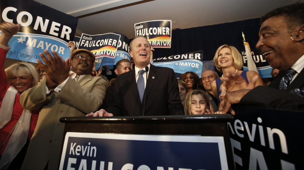San Diego mayor-elect Kevin Faulconer celebrated with his family and supporters Tuesday night as votes were counted. San Diego mayor-elect Kevin Faulconer celebrated with his family and supporters Tuesday night as votes were counted.