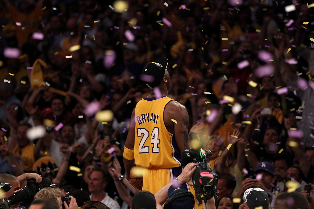 NBA Finals Game 7: Boston Celtics v Los Angeles Lakers LOS ANGELES, CA - JUNE 17: Kobe Bryant #24 of the Los Angeles Lakers celebrates after the Lakers defeated the Boston Celtics in Game Seven of the 2010 NBA Finals at Staples Center on June 17, 2010 in Los Angeles, California. NOTE TO USER: User expressly acknowledges and agrees that, by downloading and/or using this Photograph, user is consenting to the terms and conditions of the Getty Images License Agreement. (Photo by Christian Petersen/Getty Images) *** Local Caption *** Kobe Bryant