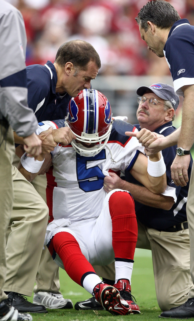 Buffalo Bills v Arizona Cardinals Starting Quarterback Trent Edwards #5 of the Buffalo Bills suffers a concussion after getting hit by Strong Safety Adrian Wilson #24 of the Arizona Cardinals during the first half of their NFL Game on October 5, 2008 at Stadium in Glendale, Arizona.