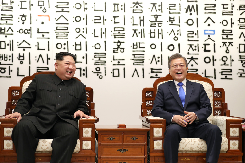 Inter-Korean Summit 2018 North Korean leader Kim Jong Un, left, and South Korean President Moon Jae-in are in talks during the Inter-Korean Summit on April 27, 2018 in Panmunjom, South Korea. Kim and Moon meet at the border today for the third-ever Inter-Korean summit talks after the 1945 division of the peninsula, and first since 2007 between then President Roh Moo-hyun of South Korea and Leader Kim Jong-il of North Korea.