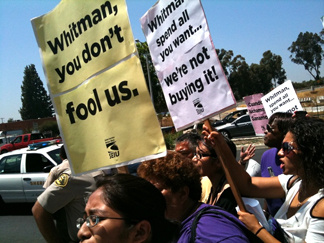 About 100 people, mobilized by labor unions, protested Republican Meg Whitman's opening of an East Los Angeles campaign office. They said her tough stance on illegal immigration makes her anti-Latino.