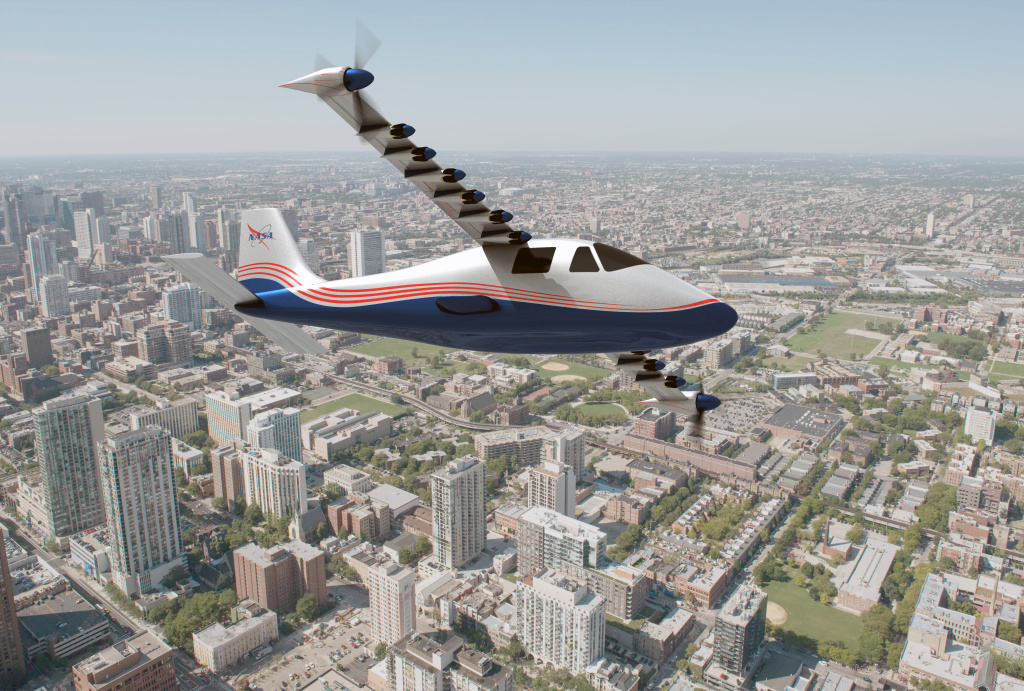 X 57 artist's concept over city This artist's concept of NASA's X-57 Maxwell aircraft shows the plane's specially designed wing and 14 electric motors. NASA Aeronautics researchers will use X-57 to demonstrate that electric propulsion can make planes quieter, more efficient and more environmentally friendly.