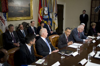 President Barack Obama speaks during a meeting of the Economic Recovery Advisory Board as Vice President Joe Biden (2nd L), Secretary of Commerce Gary Locke (L) and Chairman Paul Volcker (R) listen at the White House April 16, 2010 in Washington DC.