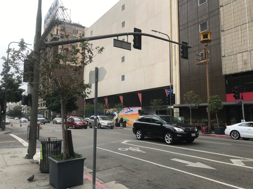 The yellow decommissioned cold war era siren on the corner of Winston and Main streets in downtown Los Angeles. Performances from the Walt Disney Concert Hall were broadcast from this siren and others across the downtown. The music was composed by Annie Gosfield. Photo credit: Adriana Cargill The yellow decommissioned cold war era siren on the corner of Winston and Main streets in downtown Los Angeles. Performances from the Walt Disney Concert Hall were broadcast from this siren and others across the downtown. The music was composed by Annie Gosfield. Photo credit: Adriana Cargill