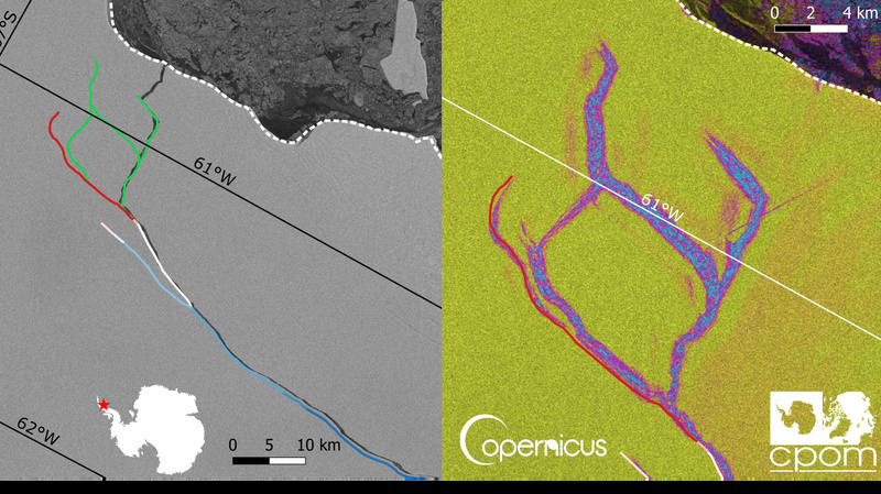 The iceberg had been hanging on by a thread (right) until this week. Today new images (left) showed that it had finally calved into the sea. The iceberg had been hanging on by a thread (right) until this week. Today new images (left) showed that it had finally calved into the sea.