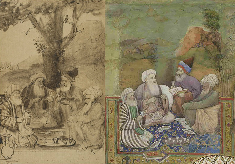 Left: Four Mullahs Seated under a Tree (Sheikh Husain Jami, Sheikh Husain Ajmeri, Sheikh Muhammad Mazandarani, and Sheikh Miyan Mir), about 1656–61, Rembrandt Harmensz. van Rijn. Left: Four Mullahs (from panel of paintings from the Millionenzimmer), 1627–28, unknown Indian artist. Left: Four Mullahs Seated under a Tree (Sheikh Husain Jami, Sheikh Husain Ajmeri, Sheikh Muhammad Mazandarani, and Sheikh Miyan Mir), about 1656–61, Rembrandt Harmensz. van Rijn. Left: Four Mullahs (from panel of paintings from the Millionenzimmer), 1627–28, unknown Indian artist.