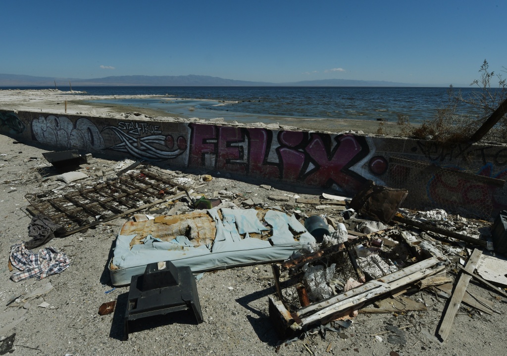 US-ENVIRONMENT-WATER-POLLUTION The remnants of an abandoned marina are seen beside the Salton Sea, California on March 19, 2015.