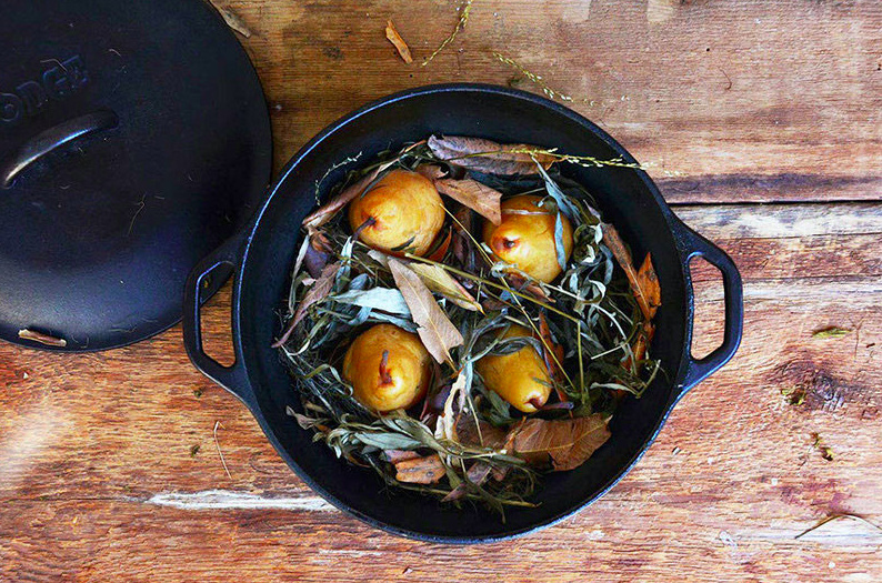 Urban foraging Pears cooked in forest floor: The fruit is cooked in a solar oven on a bed of wild grasses and herbs.
