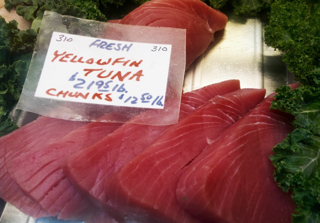 US-FOOD-YELLOWFIN TUNA Yellowfin Tuna steaks are seen for sale at the Eastern Market February 25, 2014, in Washington, DC.