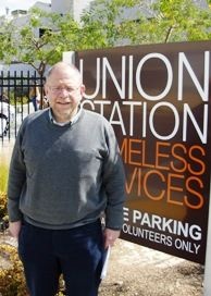 Mercer 7102 Mark Lacter, who writes for LA Observed and Los Angeles Magazine, and comments on business matters weekly on KPCC's Morning Edition with Steve Julian, at the Union Station homeless center in Pasadena.