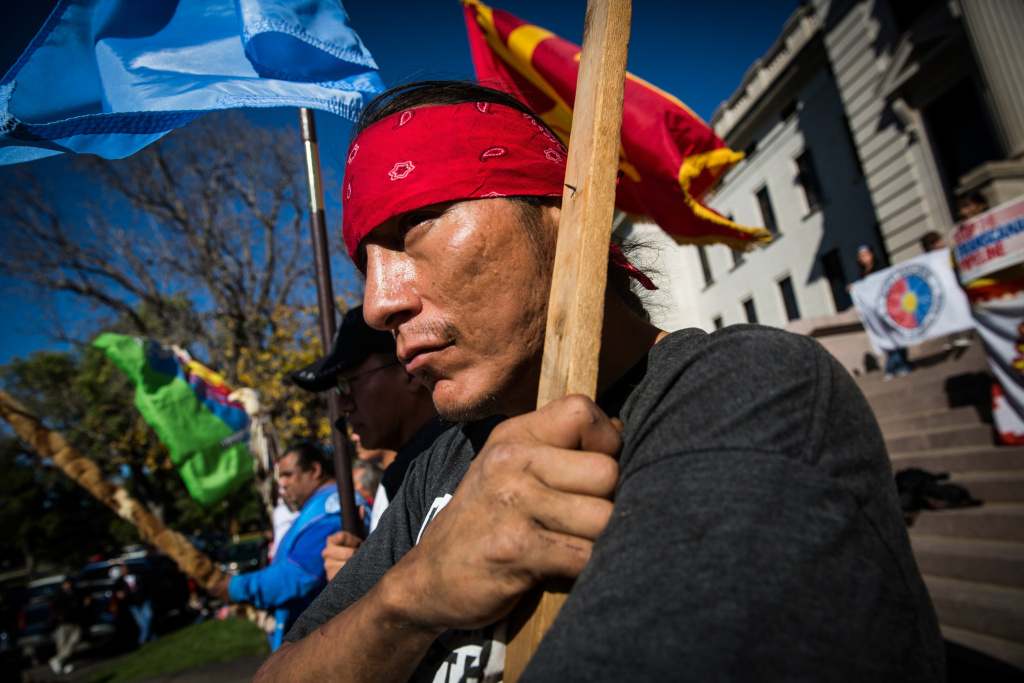 Proposed Keystone XL Pipeline To Run From Canada To Gulf Of Mexico Chris Firethunder, a member of the Oglala Lakota Native American tribe, participates in a protest against the proposed Keystone XL pipeline on October 13, 2014 in Pierre, South Dakota. Numerous Native American tribes, ranchers, politicians and people against the pipeline came together to hold a rally on the steps of the state's capital building.