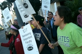Los Angeles Unified School District employees protest outside LAUSD headquarters on Tuesday, Nov. 30, 2010. Nearly 1,000 LAUSD employees, mostly clerks and custodians, will their jobs Wednesday because of state budget cuts.